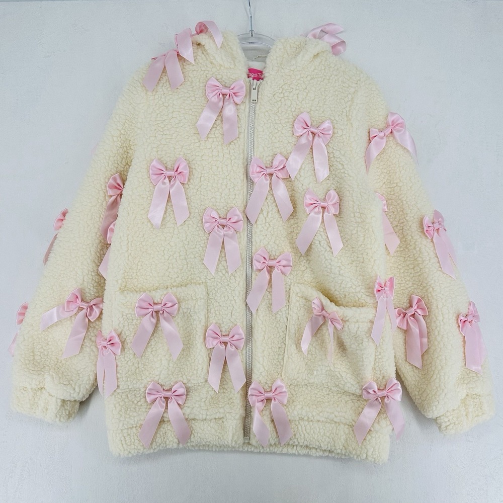 Sugar Thrillz Pinky Promise Hooded Sherpa Jacket Women's Size S White Pink Bows